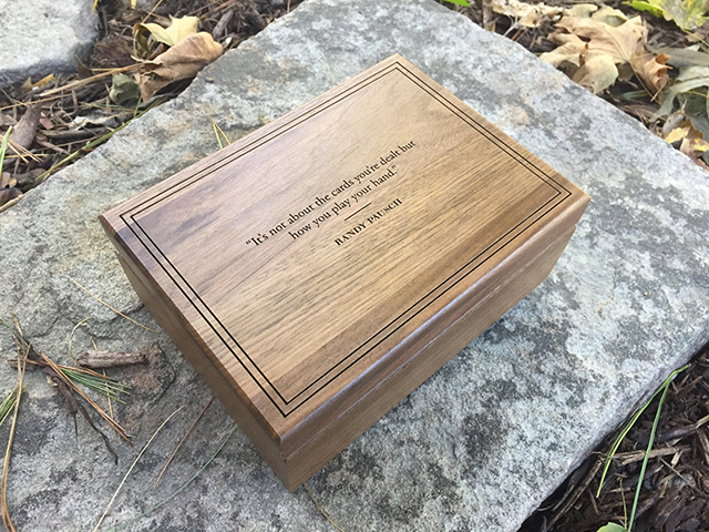 Hinged top walnut custom wood box with laser engraving on lid
