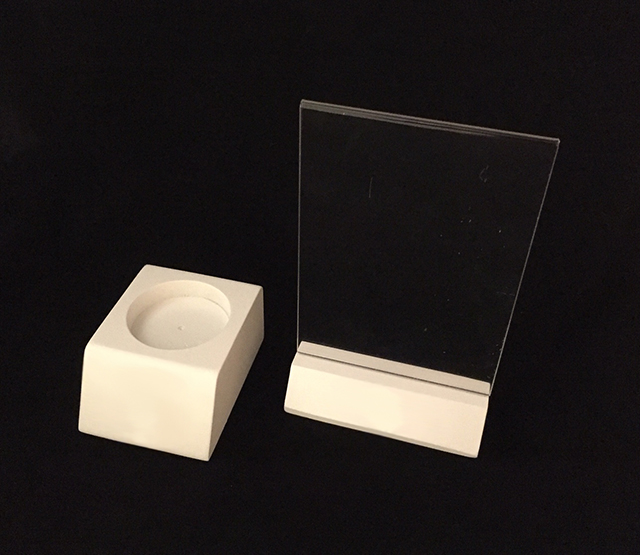 White Bottle & Menu Holder Custom wood display menu holder with an acrylic insert and a wood bottle glorifier