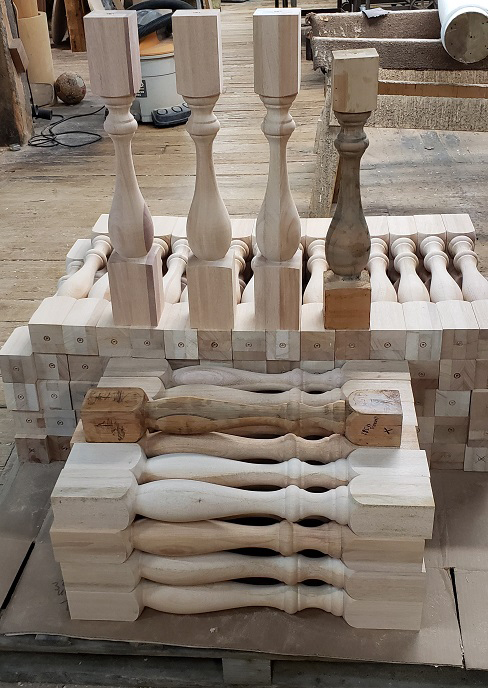 Production run of mahogany wood balusters produced from the customers samples