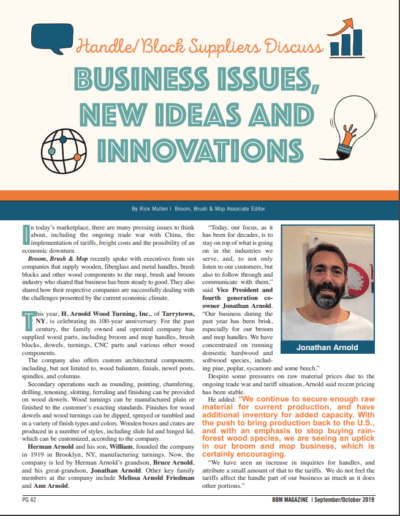 A page from Broom, Brush & Mop Magazine’s September/October issue featuring an article about Jonathan Arnold and H. Arnold Wood Turning, Inc.