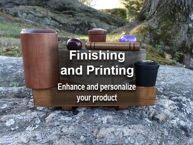 Various wood samples showcasing custom finishing options, including staining, painting, and clear coatings, available for bulk production.