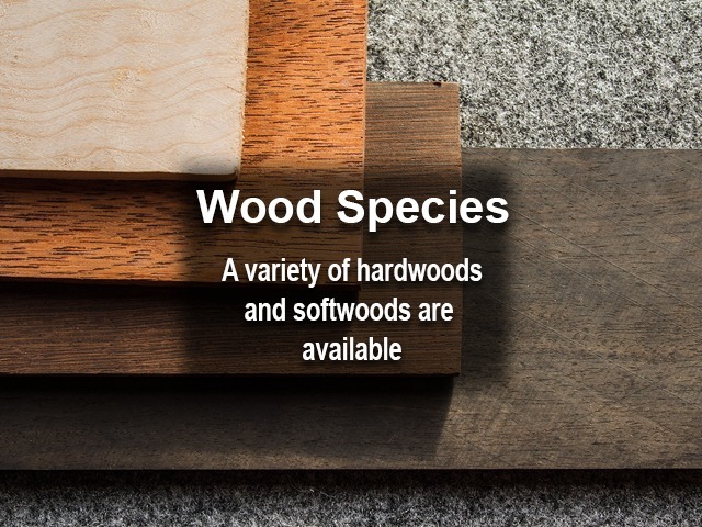 Various hardwood and softwood species displayed, available for bulk manufacturing and custom wood product solutions.
