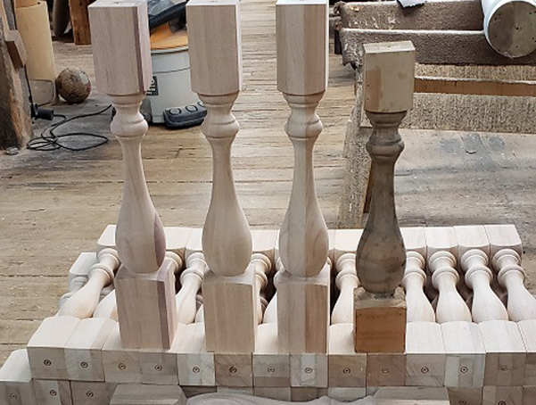 Production run of mahogany wood balusters produced from the customers samples
