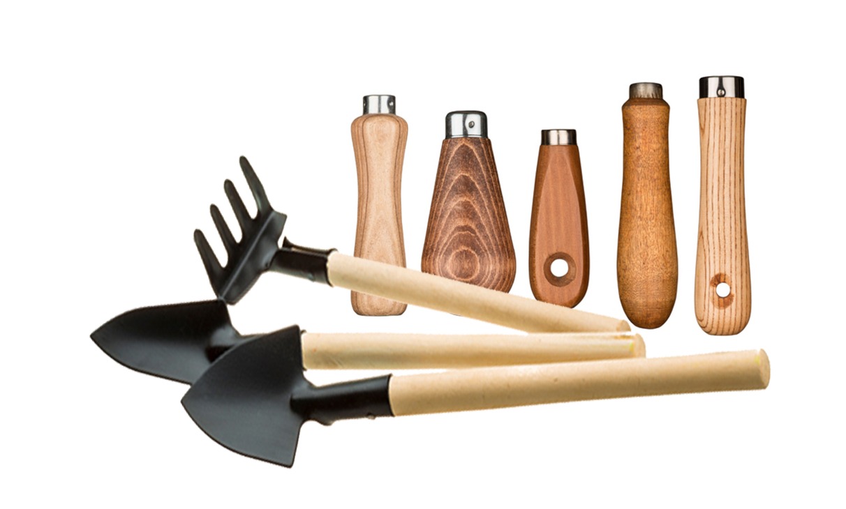 Custom Wooden Tool Handles for Various Applications Collage of various custom wooden tool handles, including options for rakes, shovels, and hand tools.