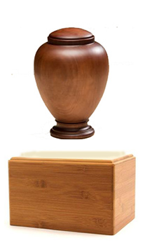wood turned cremation urns that are round and boxed