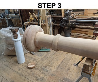 Step 3 of the wood column manufacturing process, showing the shaping and refinement of the column design.