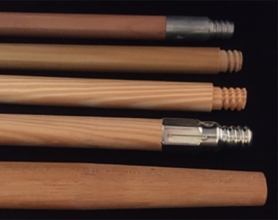 Various wooden mop and broom handles showcasing different hardware attachments and secondary operations. Available in bulk for cleaning tool and janitorial equipment manufacturing.