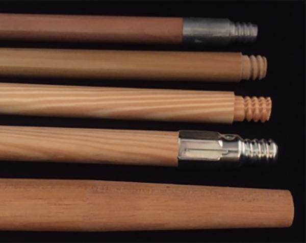 Variety of wood mop and wood room handles showing different hardware and secondary operations.