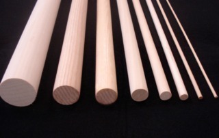 Eight custom wooden dowels in various sizes, available in bulk for manufacturers and large-scale production.