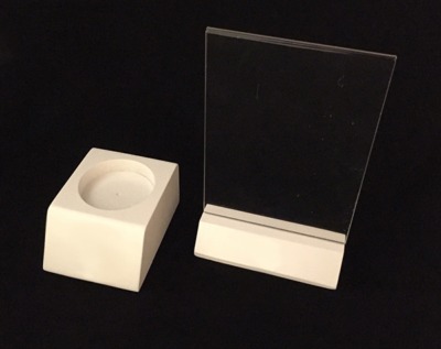 Painted wooden menu holder with an acrylic insert and a wooden bottle glorifier, available in bulk for manufacturers.