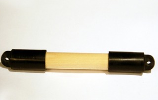 Two wooden dowel handles with threaded ends connected by a plastic coupler, available in bulk for manufacturers.