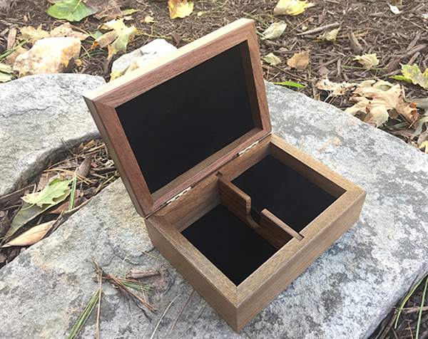 Hinged Top Custom Wood Box with Divider and felt lining and a clear satin finish