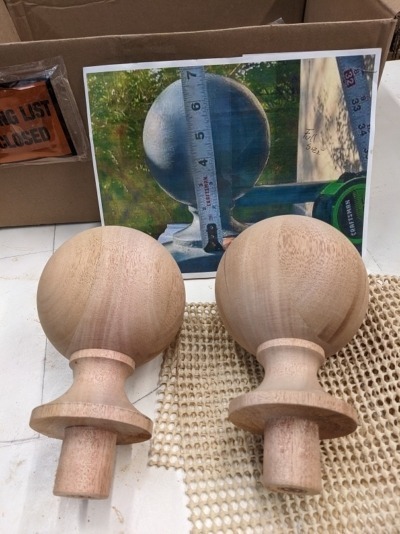 Unfinished Mahogany Finials – Custom Turned for Architectural Applications Two unfinished mahogany finials, custom turned for architectural millwork, staircases, and decorative woodworking.