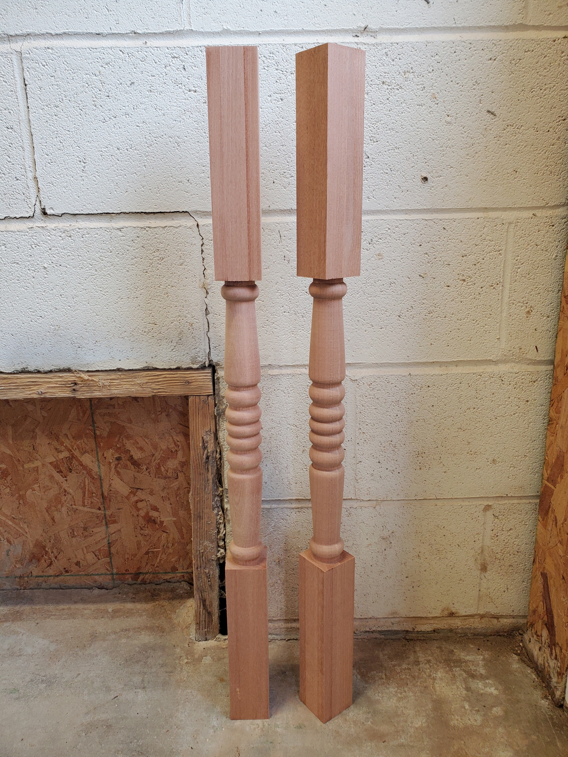 Sapele Mahogany Balusters to match customer sample with additional length added to each end square.
