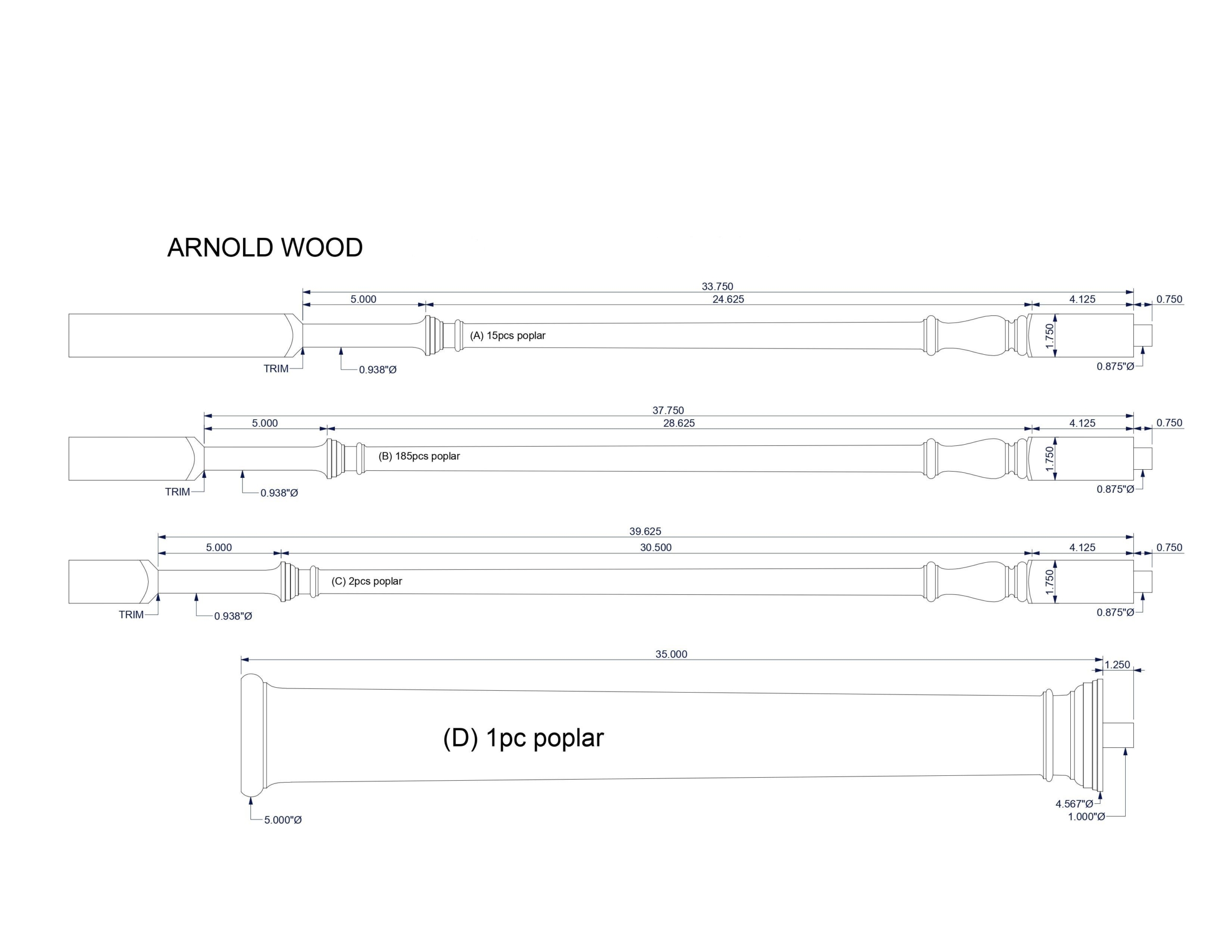 Custom poplar wood balusters and newel drawing prepared for a customer.