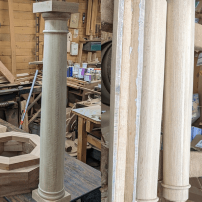 White Oak Stave Columns with Entasis Taper White oak stave columns featuring an entasis taper, designed for interior use and stain-grade applications.