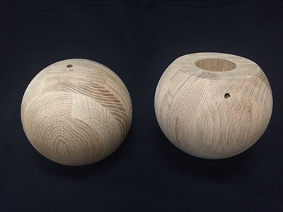 White Oak Lamp Base Components Precision-turned 7.5-inch white oak lamp base spheres, drilled and sanded smooth as a demonstration of bulk production capabilities.