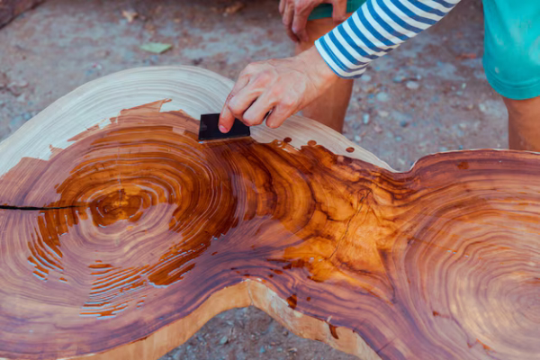 Applying Linseed Oil to a Wooden Table for a Smooth Finish Carpenter pouring linseed oil onto a wooden table to protect and enhance the surface.