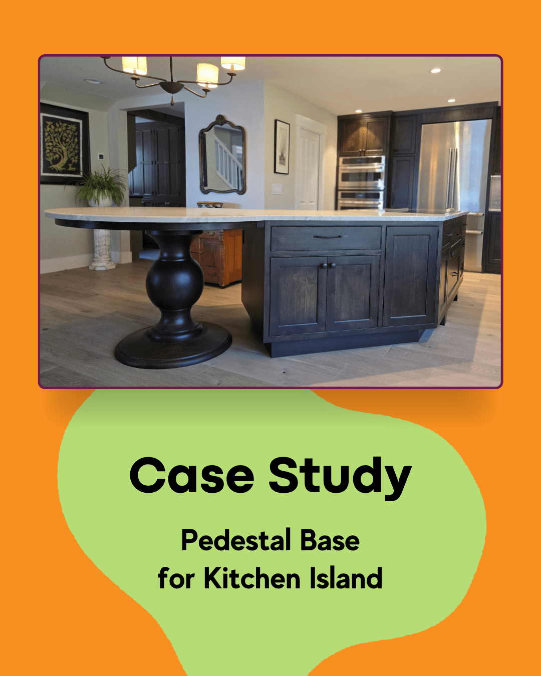 Graphic showing a dark stained pedestal base supporting a kitchen island countertop with the text Case Study Pedestal Base for Kitchen Island.
