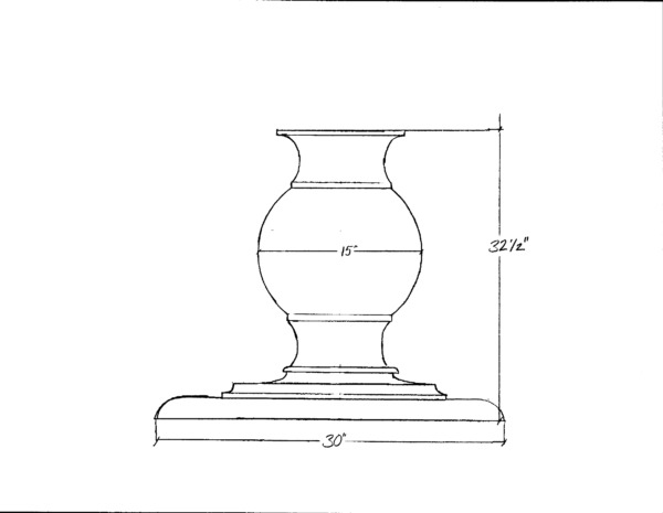 Custom Kitchen Island Pedestal Base Dimension Drawing Line drawing of a custom wooden pedestal base showing dimensions of 32 and a half inches tall with a 30 inch round bottom and 15 inch center diameter for a kitchen island support.