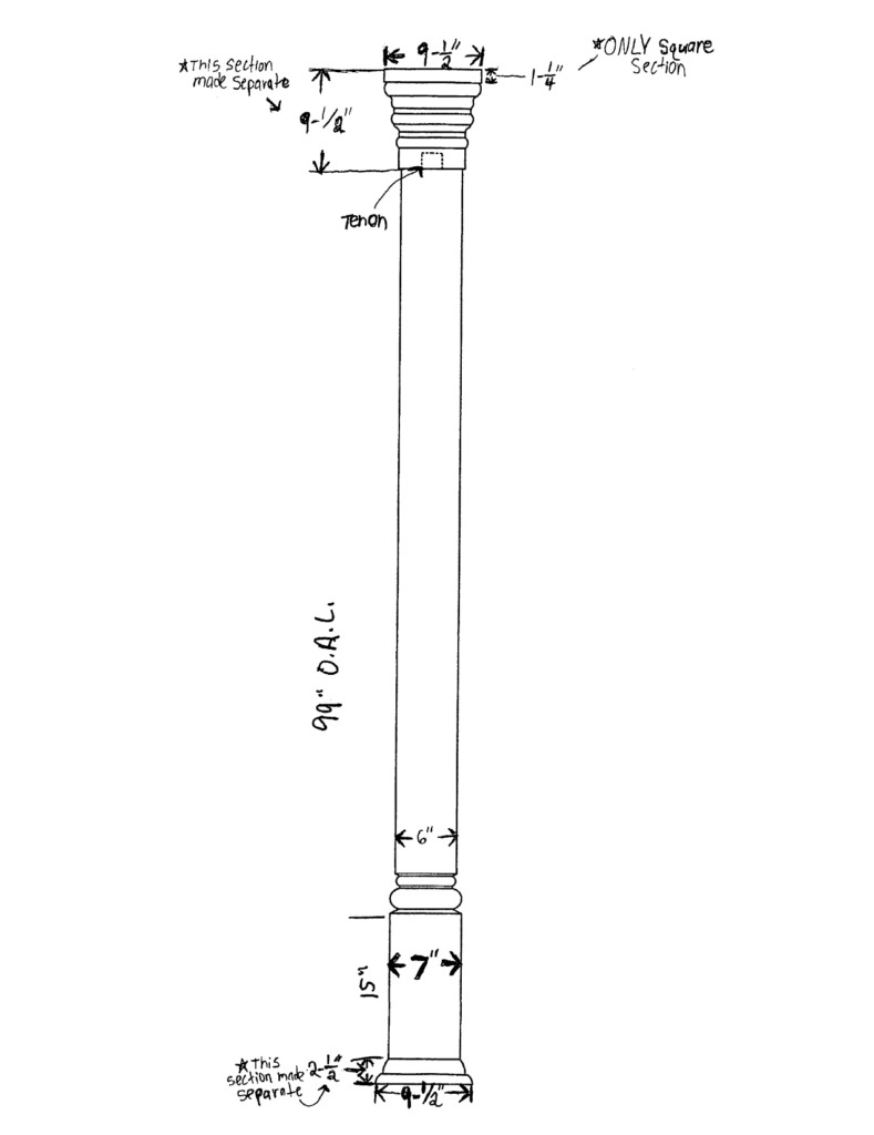 Technical drawing of custom paint grade exterior wood column with 99 inch overall height and dimensions.