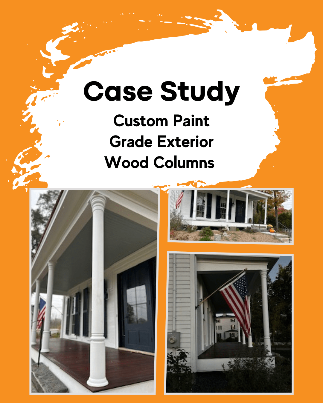 Custom paint grade exterior wood columns installed on front porch shown in case study project.