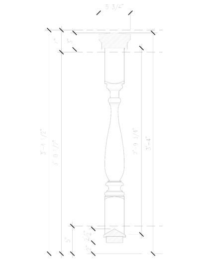 Custom Exterior Mahogany Baluster Profile Drawing Architectural drawing of a custom-turned exterior mahogany baluster showing a vase profile with dimensioned measurements, including 3-1/2 inch width, 33-3/4 inch baluster height, and top and bottom rail dimensions